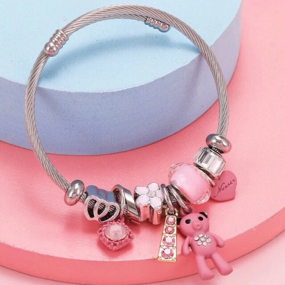 🧸🎀 Stainless Steel Pink Rhinestone & Teddy Bear Adjustable Bracelet NWT - Picture 1 of 8